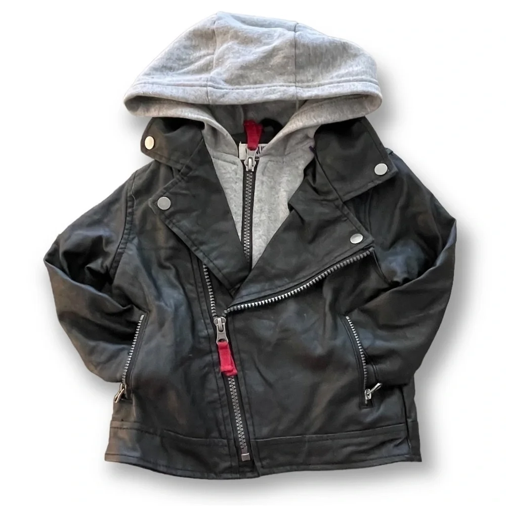 Oshkosh Faux Leather Motorcycle Jacket Gray Hoodie Lining Size 18M